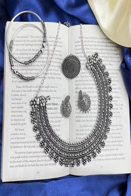 Oxidized german silver jewelry set | indian choker necklace, earrings, ring 4