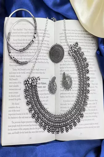 Oxidized german silver jewelry set | indian choker necklace, earrings, ring