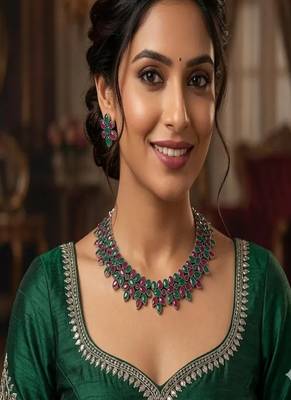 Emerald green ruby red oxidized silver necklace set, indian jewelry choker with earrings, 1
