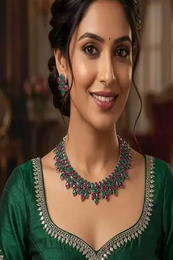 Emerald green ruby red oxidized silver necklace set, indian jewelry choker with earrings,