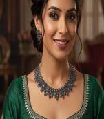 Emerald green ruby red oxidized silver necklace set, indian jewelry choker with earrings,