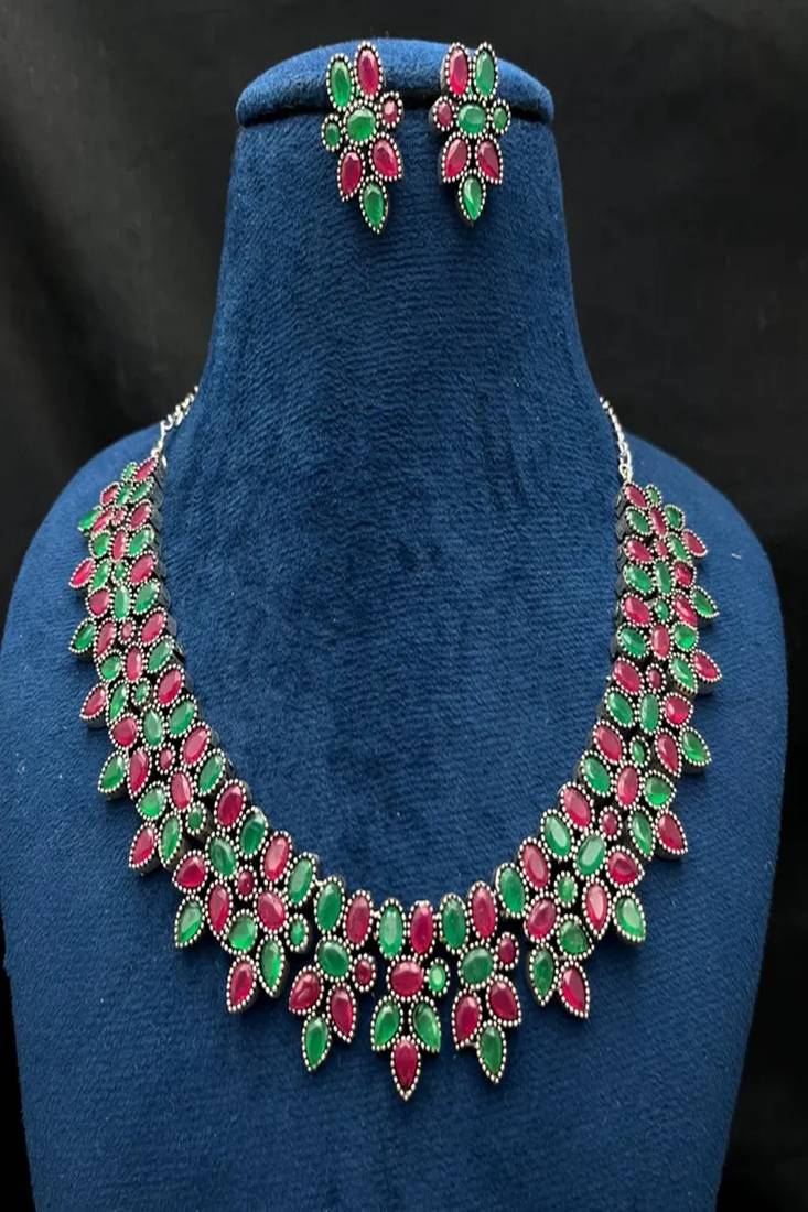 Emerald green ruby red oxidized silver necklace set, indian jewelry choker with earrings,
