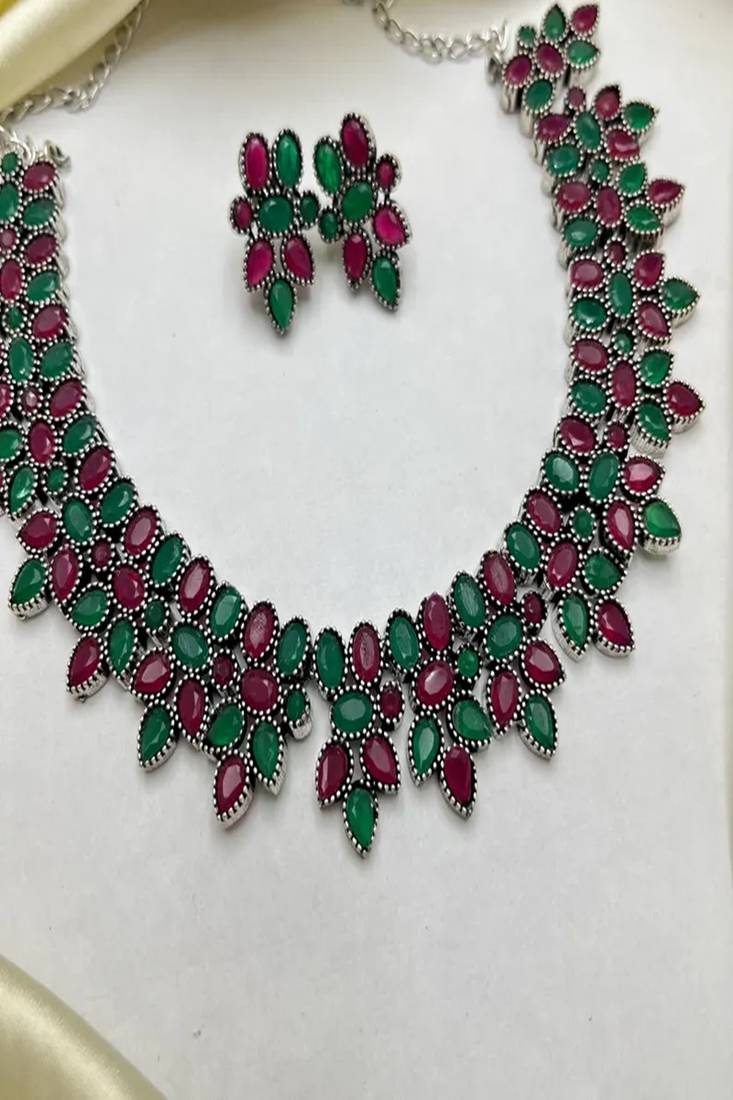 Emerald green ruby red oxidized silver necklace set, indian jewelry choker with earrings,