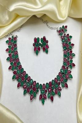Emerald green ruby red oxidized silver necklace set, indian jewelry choker with earrings, 4