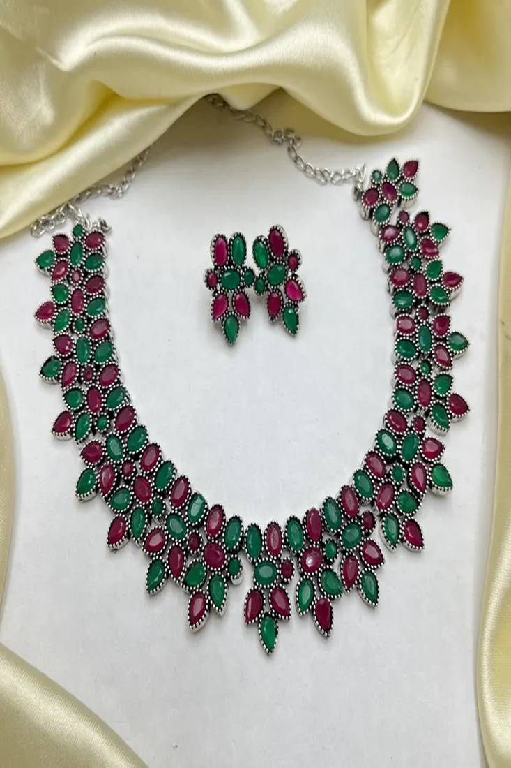 Emerald green ruby red oxidized silver necklace set, indian jewelry choker with earrings,