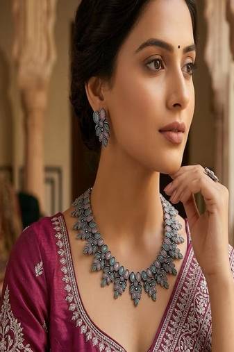 Pink and mint green oxidized silver necklace set with earrings