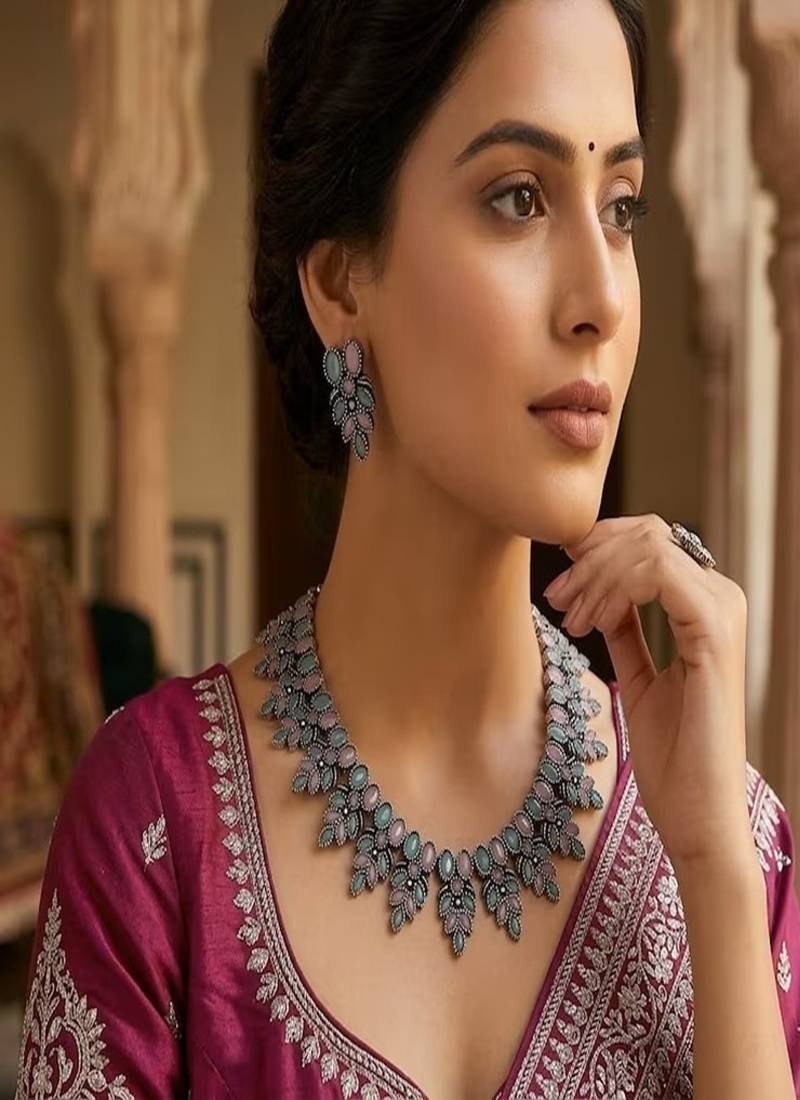 Pink and mint green oxidized silver necklace set with earrings