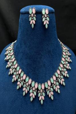 Pink and mint green oxidized silver necklace set with earrings 2