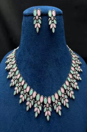 Pink and mint green oxidized silver necklace set with earrings