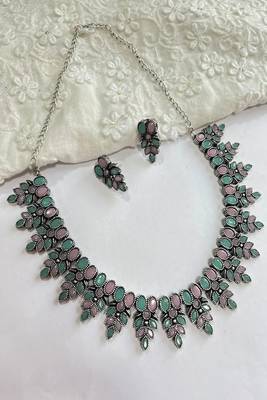 Pink and mint green oxidized silver necklace set with earrings 3