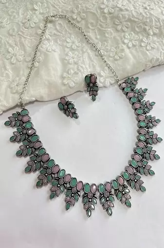 Pink and mint green oxidized silver necklace set with earrings
