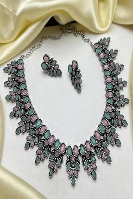 Pink and mint green oxidized silver necklace set with earrings 4