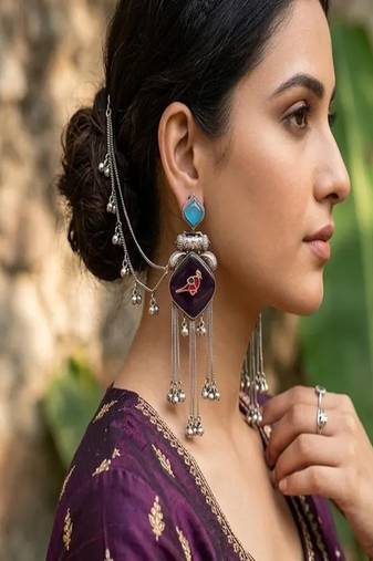 Purple enamel bird earrings with sahare hair chain, oxidized silver bahubali jhumka