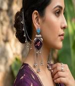 Purple enamel bird earrings with sahare hair chain, oxidized silver bahubali jhumka