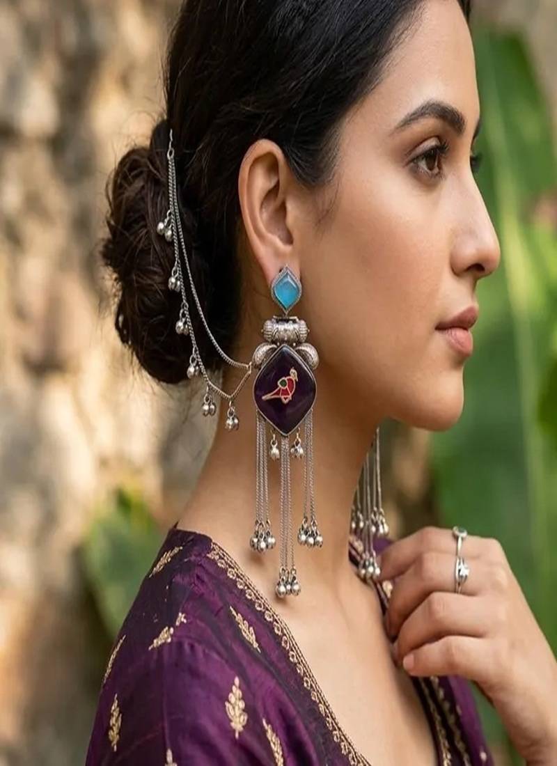 Purple enamel bird earrings with sahare hair chain, oxidized silver bahubali jhumka