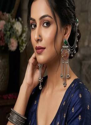 Oxidized silver kanauti earrings with earchain, boho tribal indian jhumka with ghungroo 1