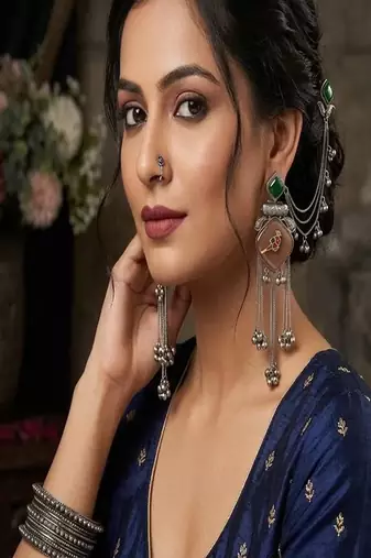 Oxidized silver kanauti earrings with earchain, boho tribal indian jhumka with ghungroo