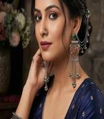 Oxidized silver kanauti earrings with earchain, boho tribal indian jhumka with ghungroo