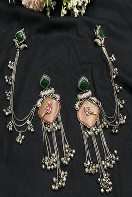 Oxidized silver kanauti earrings with earchain, boho tribal indian jhumka with ghungroo 2