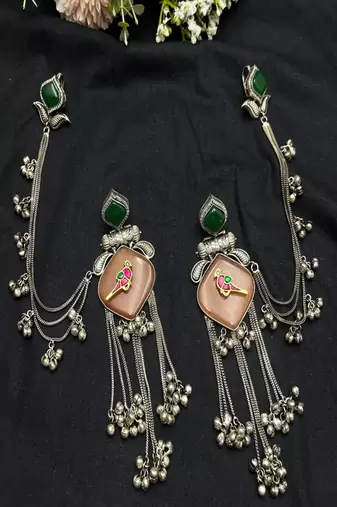 Oxidized silver kanauti earrings with earchain, boho tribal indian jhumka with ghungroo