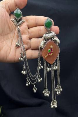 Oxidized silver kanauti earrings with earchain, boho tribal indian jhumka with ghungroo 3