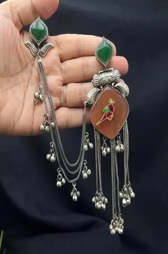 Oxidized silver kanauti earrings with earchain, boho tribal indian jhumka with ghungroo