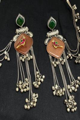 Oxidized silver kanauti earrings with earchain, boho tribal indian jhumka with ghungroo 4
