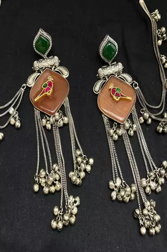 Oxidized silver kanauti earrings with earchain, boho tribal indian jhumka with ghungroo