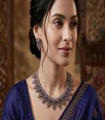 Pink stone necklace set, oxidised silver boho jewelry, indian german silver choker with earrings