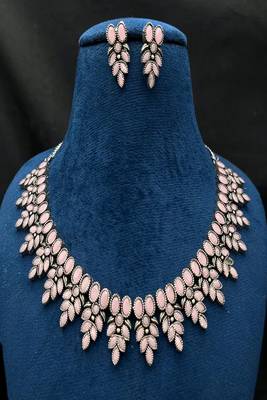 Pink stone necklace set, oxidised silver boho jewelry, indian german silver choker with earrings 2