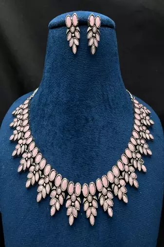 Pink stone necklace set, oxidised silver boho jewelry, indian german silver choker with earrings