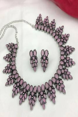 Pink stone necklace set, oxidised silver boho jewelry, indian german silver choker with earrings 3