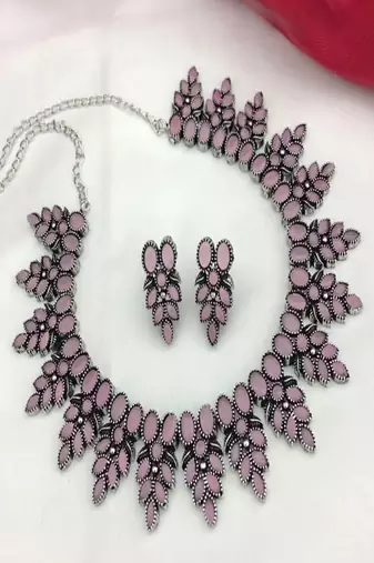 Pink stone necklace set, oxidised silver boho jewelry, indian german silver choker with earrings