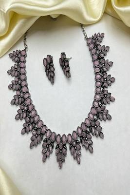 Pink stone necklace set, oxidised silver boho jewelry, indian german silver choker with earrings 4