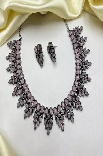 Pink stone necklace set, oxidised silver boho jewelry, indian german silver choker with earrings