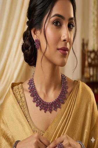 Oxidized silver ruby red necklace set, victorian style statement choker, boho ethnic indian jewelry