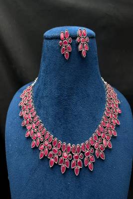 Oxidized silver ruby red necklace set, victorian style statement choker, boho ethnic indian jewelry 2