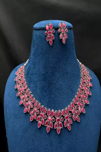 Oxidized silver ruby red necklace set, victorian style statement choker, boho ethnic indian jewelry