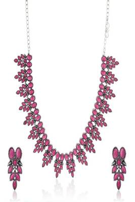 Oxidized silver ruby red necklace set, victorian style statement choker, boho ethnic indian jewelry 3
