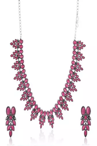 Oxidized silver ruby red necklace set, victorian style statement choker, boho ethnic indian jewelry