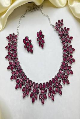 Oxidized silver ruby red necklace set, victorian style statement choker, boho ethnic indian jewelry 4