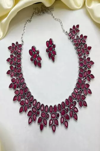 Oxidized silver ruby red necklace set, victorian style statement choker, boho ethnic indian jewelry