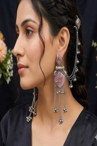 Mauve pink oxidized silver bird earrings with kanauti earchain, indian bahubali jhumka with hair sahare