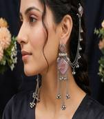Mauve pink oxidized silver bird earrings with kanauti earchain, indian bahubali jhumka with hair sahare