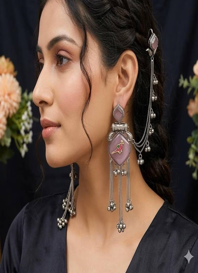 Mauve pink oxidized silver bird earrings with kanauti earchain, indian bahubali jhumka with hair sahare