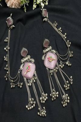 Mauve pink oxidized silver bird earrings with kanauti earchain, indian bahubali jhumka with hair sahare 2