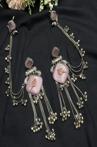 Mauve pink oxidized silver bird earrings with kanauti earchain, indian bahubali jhumka with hair sahare