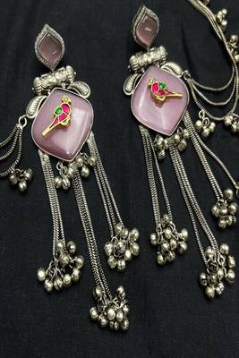 Mauve pink oxidized silver bird earrings with kanauti earchain, indian bahubali jhumka with hair sahare 4
