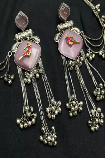 Mauve pink oxidized silver bird earrings with kanauti earchain, indian bahubali jhumka with hair sahare