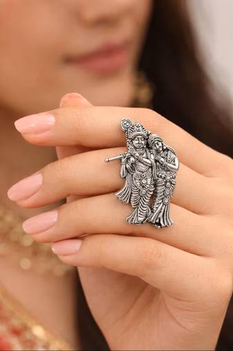 Oxidised radha krishna finger ring | silver look adjustable statement ring | hindu god jewelry